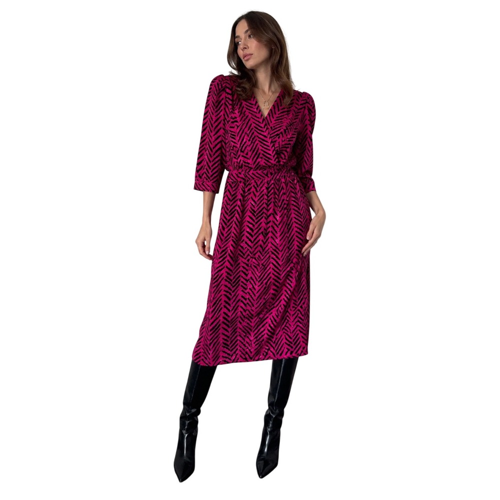 JONATHAN‎ MARTIN Vintage Pink Black Zebra Print Wrap Midi Dress Puff Sleeve 9/10